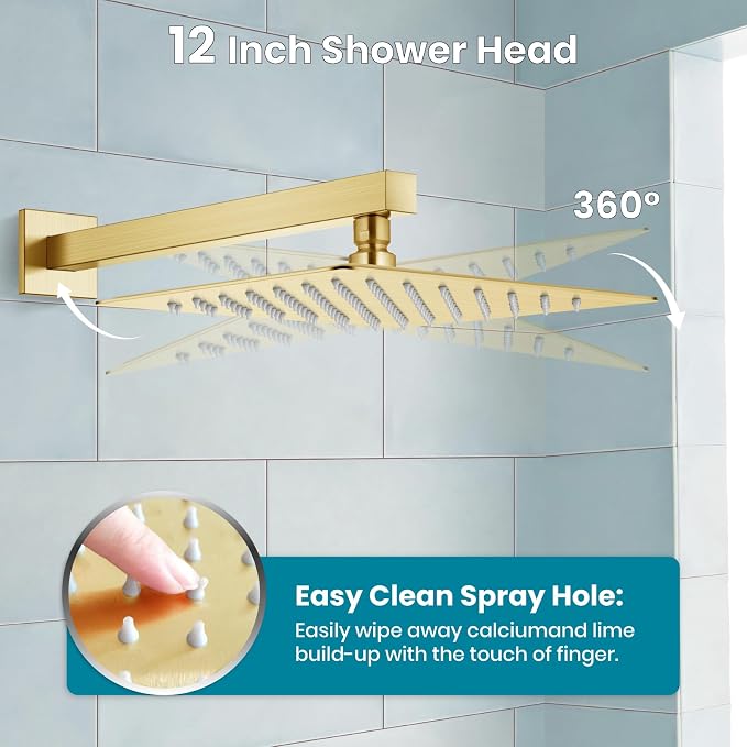 gotonovo Bathtub Shower Faucet Set, 12 Inch Shower Head, Brushed Gold | Wall Mounted Shower System with Tub Spout for Bathroom, Square High Pressure Rain Shower head with Handheld Spray, All Metal