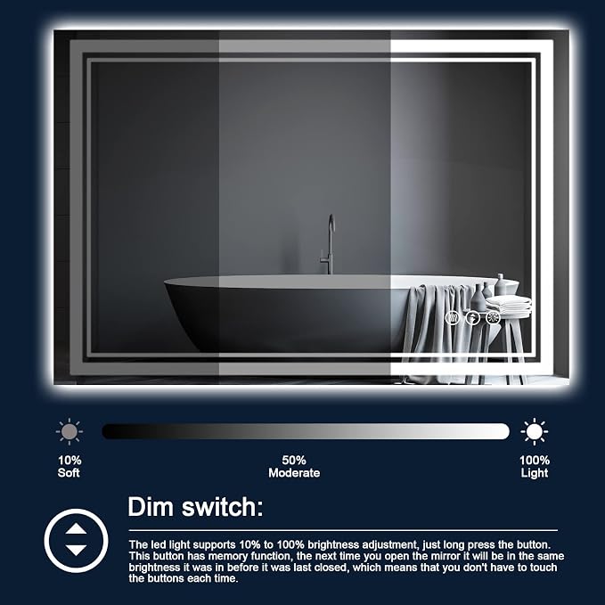 48x30 Inch LED Bathroom Mirror with Lights | Front and Backlit, 3 Colors, Dimmable, Memory, Anti Fog, Shatterproof, Horizontal/Vertical, Lighted Mirrors for Bathroom Wall