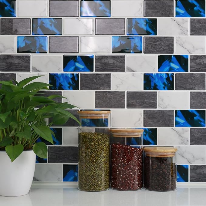 STICKGOO Subway Tile Peel and Stick Backsplash, Thicker Design 12" x 12" Stick on Backsplash Tiles for Kitchen, Bathroom, Wall Tile (10 Sheets, Blue Grey)