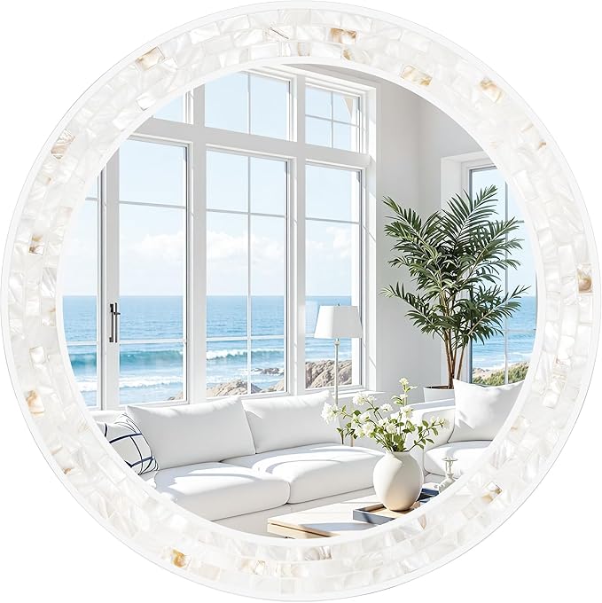 Tanmicoshomy Round Wall Mirror 30 Inch, Natural Shell Framed Circle Mirrors with Tempered Glass for Coastal Bathroom Bedroom Living Room or Entrayway