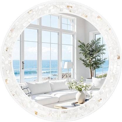 Tanmicoshomy Round Wall Mirror 30 Inch, Natural Shell Framed Circle Mirrors with Tempered Glass for Coastal Bathroom Bedroom Living Room or Entrayway