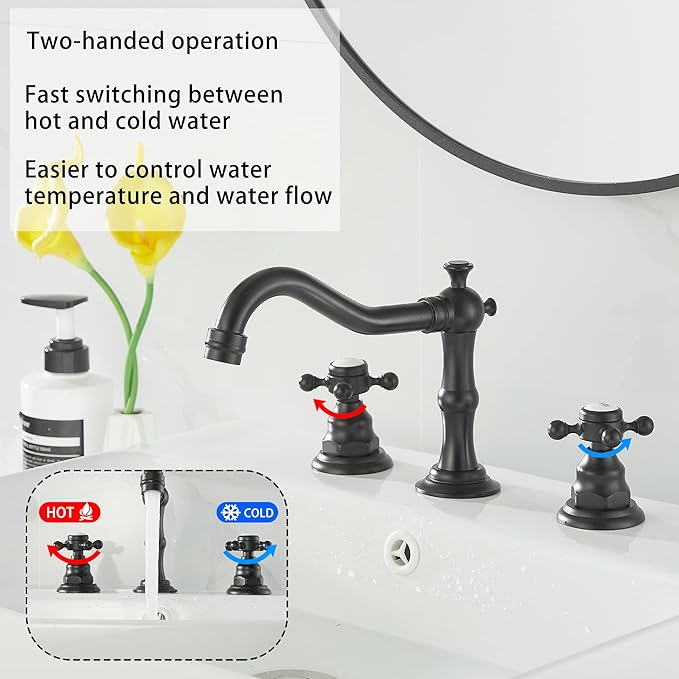 GGStudy Matte Black Bathroom Faucet 2 Handles 3 Holes Faucet 8 inch Widespread Bathroom Sink Faucet Tap Mixer Supply Hose Included Matching Metal Pop Up Drain