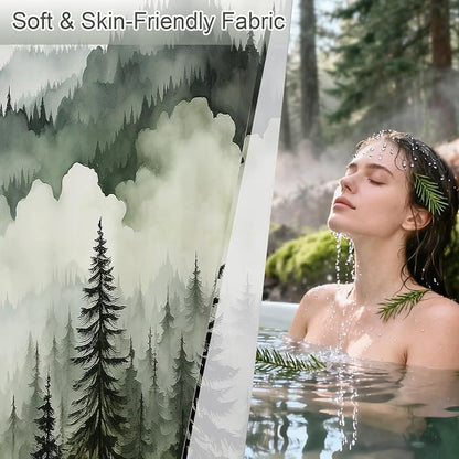 Litabel Dark Green Small Stall Misty Pine Forest Shower Curtain 36 x 72, Mountain Foggy Woodland Scenery Tree Narrow Half Size Shower Curtains for Bathroom, Abstract Waterproof Nature-Themed Decor