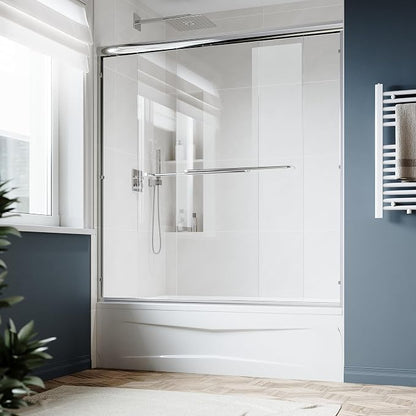 SUNNY SHOWER Double Sliding Glass Door 60" W x 57" H Shower Door 1/4" Tempered Glass Sliding Door Semi-Frameless Shower Glass Enclosure Bypass Walk in Shower Cabin, Chrome Finished