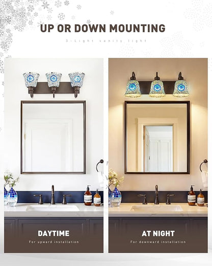 zeyu Bathroom Light Fixtures, 3-Light Bathroom Vanity Light, 22 Inch Modern Wall Sconces with Blue Mosaic Glass, Oil Rubbed Bronze Finish, ZSL72B-3W ORB-BL
