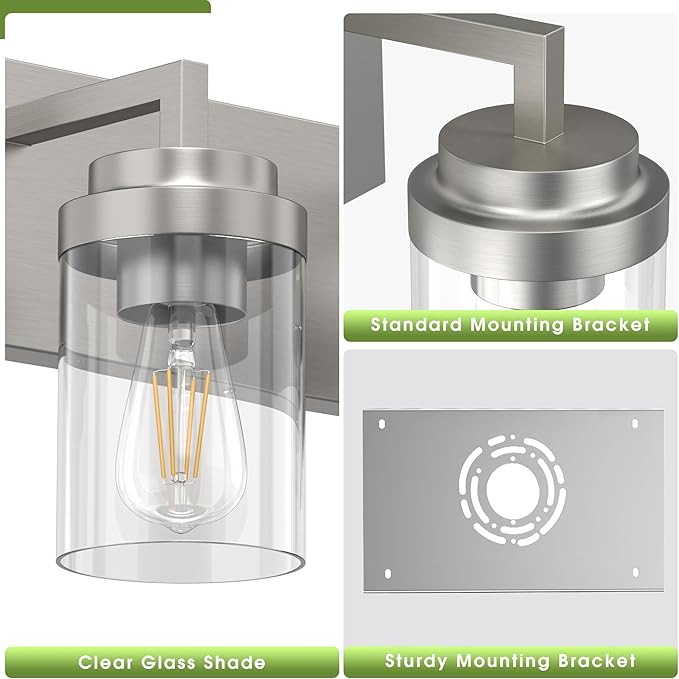 Espird Bathroom Lighting Fixtures, 3-Light Bathroom Vanity Lights Over Mirror, Brushed Nickel Vanity Light with Glass Shade, Modern Vanity Lighting Fixtures for Bathroom, Bedroom, Hallway