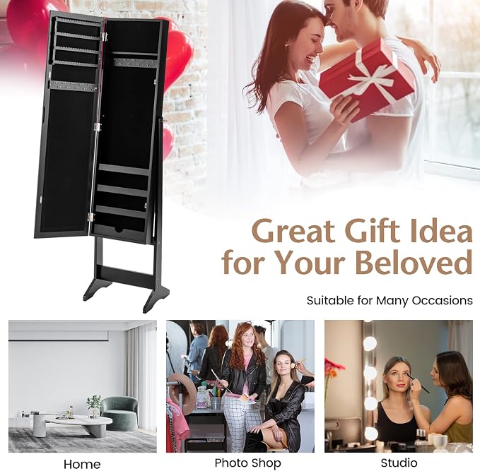 MAT EXPERT Jewelry Armoire Cabinet w/Full-Length Mirror, Jewelry Organizer Standing Mirror w/ 4 Shelves, 3 Adjustable Tilt Angles, Anti-toppling Device, Jewelry Cabinet for Bedroom, Living Room, Black