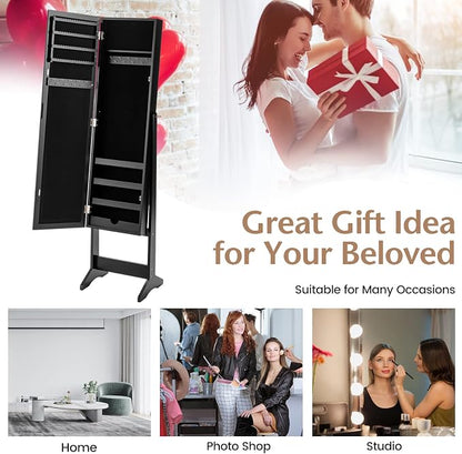MAT EXPERT Jewelry Armoire Cabinet w/Full-Length Mirror, Jewelry Organizer Standing Mirror w/ 4 Shelves, 3 Adjustable Tilt Angles, Anti-toppling Device, Jewelry Cabinet for Bedroom, Living Room, Black