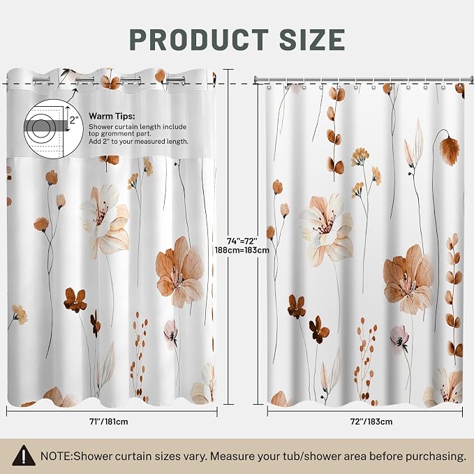 No Hook Floral Shower Curtain with Liner, Burnt-Orange, 71x74 | Snap in Liner, 3 in 1, Water Repellent, Easy Install, Machine Washable, Hotel Style for Bathroom, Watercolor Pattern