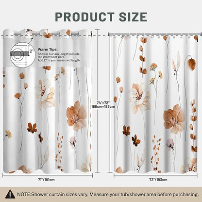 No Hook Floral Shower Curtain with Liner, Burnt-Orange, 71x74 | Snap in Liner, 3 in 1, Water Repellent, Easy Install, Machine Washable, Hotel Style for Bathroom, Watercolor Pattern