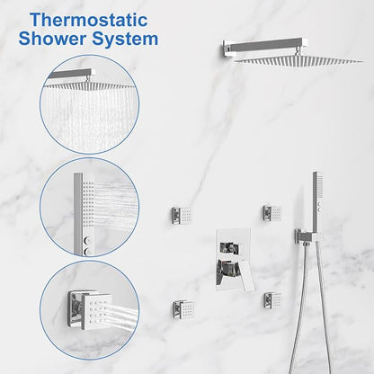 RUMOSE Rainfall Shower System with 4 Full Body Jet 4 Mode Shower Faucet Set | 12 Inch Rain Shower Head, 2 in 1 Handheld Spray, Polished Chrome Brass Shower Jet Shower Fixtures, Wall Mounted