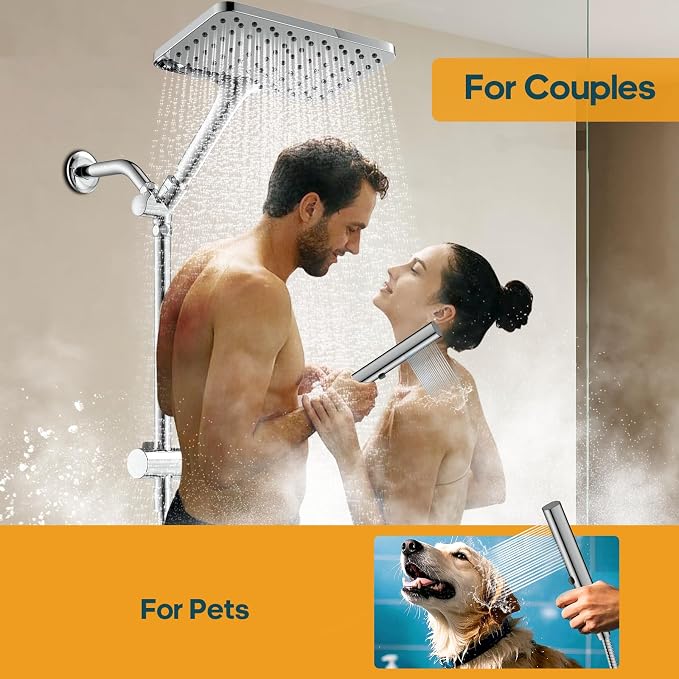 Hombeter High Pressure Rain Shower Head with Handheld Combo, 10 Inch Square Rainfall Showerhead, Adjustable Slide Bar Dual Shower System, 3 Spray Modes, 59" Stainless Steel Hose,Chrome
