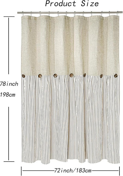 DOSLY IDÉES Farmhouse Shower Curtain,Beige and Brown Stripe,Button Curtain,Linen and Cotton Woven Fabric,Rustic Charm Country Chic Style,72x78 in