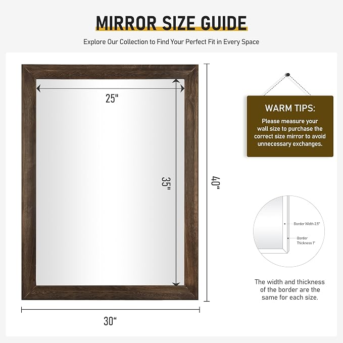 Rustic Wood Wall Mirror for Bathroom,Rectangle 30 x 40 inch Vanity Mirrors | Hanging Mirror with Wooden Frame for Living Room,Bedroom,Entryway (30x40 inch, Vintage Light Brown)