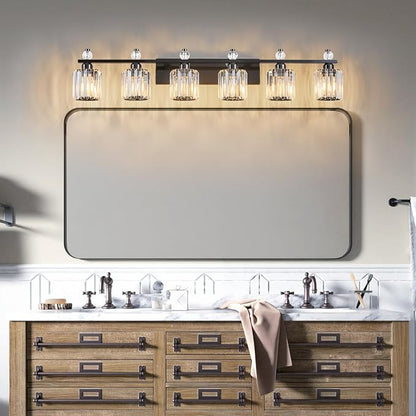 Bathroom Vanity Lights 6-Light Plating Black Modern Crystal Vanity Light Fixtures Over Mirror Crystal Bathroom Vanity Lighting Fixtures
