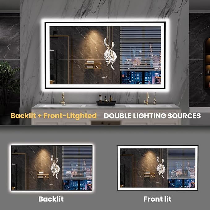 LOAAO 72"X40" LED Bathroom Mirror Black Framed | Anti-Fog, Dimmable, Memory Function, Tempered Glass, Lighted Vanity Mirror for Wall