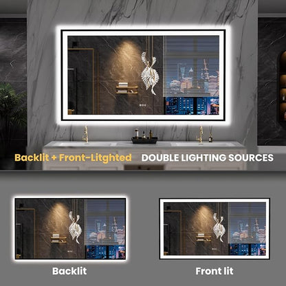 LOAAO 72"X40" LED Bathroom Mirror Black Framed | Anti-Fog, Dimmable, Memory Function, Tempered Glass, Lighted Vanity Mirror for Wall