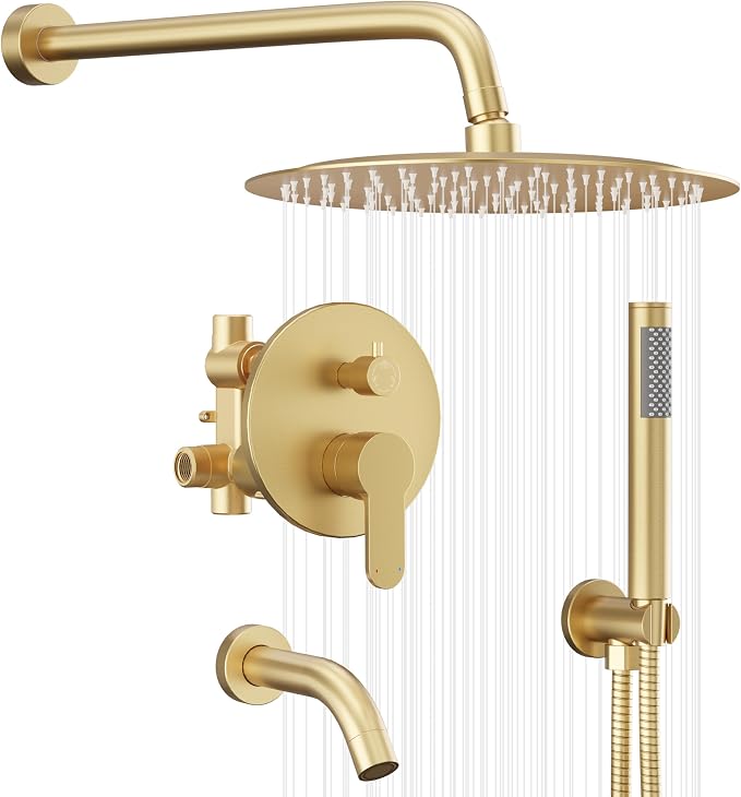 Brushed Gold Shower System with Tub Spout with 10" Rain Shower Head | All Metal Tub Shower Faucet Set with Shower Head and Handheld Spray combo, Wall Mounted Shower System with valve and Trim kit