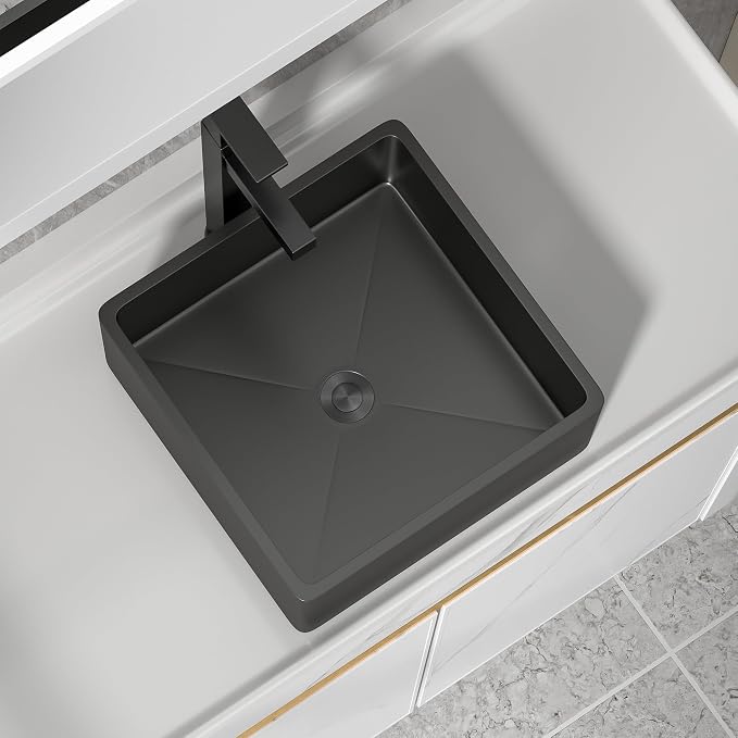 15"x15" Bathroom Vessel Sink Square - Gunmetal Black NANO-PVD, 16 Gauge 304 Stainless Steel, Above Counter Vanity Lavatory Art Bath Sink Basin