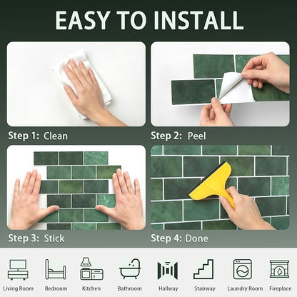 Arttown Peel and Stick 3D Wall Backsplash, 20-Sheet, 12" × 12" Green | Subway Tiles Self Adhesive Thicker Design Wall Tile Panel Wallpaper for Kitchen Bathroom Balcony Rental Housing