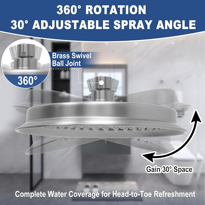 Brushed Nickel Rain Shower Head, 9" Round Rainfall Waterfall Overhead Showerhead High Pressure Vintage Shower Heads with Silicone Nozzle for Bathroom Shower