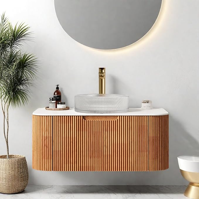 36" Floating Bathroom Vanity with Sink, Bathroom Cabinet with Round Crystal Glass Sink and Ultra-Thin Marble Countertop, Large Storage Drawer, Soft-Close Design, Pre-Assembled, Nature Wood