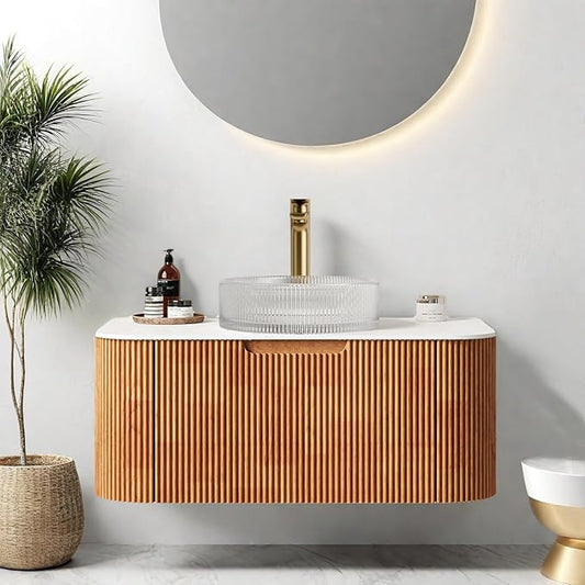 36" Floating Bathroom Vanity with Sink, Bathroom Cabinet with Round Crystal Glass Sink and Ultra-Thin Marble Countertop, Large Storage Drawer, Soft-Close Design, Pre-Assembled, Nature Wood