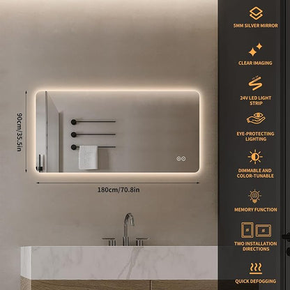 LAIYA 70.8x35.5 Inch LED Bathroom Mirror, 3 Color Modes, Dimmable, Anti-Fog | Large LED bathroom mirror with 3 color temperatures, smooth dimming, anti-fog, memory, and horizontal or vertical mount.