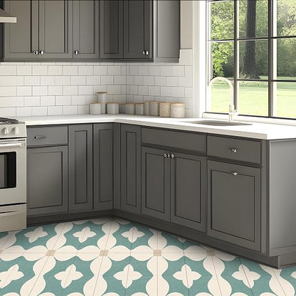 Teal Beige Geometric Peel and Stick Floor Tiles 12x12 Inch 10PCS | Teal beige cream minimalist geometric flower pattern vinyl floor stickers for kitchen bathroom entryway and indoor home decor