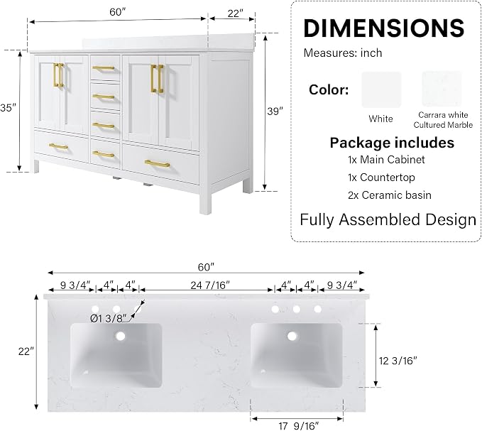 60-Inch Bathroom Vanity with Sink, 4 Soft-Close Doors and 6 Soft-Close Drawers, Bathroom Freestanding Vanity with Cultured Marble Countertop, White Vanity W/Gold Handles