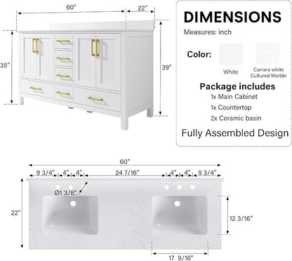 60-Inch Bathroom Vanity with Sink, 4 Soft-Close Doors and 6 Soft-Close Drawers, Bathroom Freestanding Vanity with Cultured Marble Countertop, White Vanity W/Gold Handles