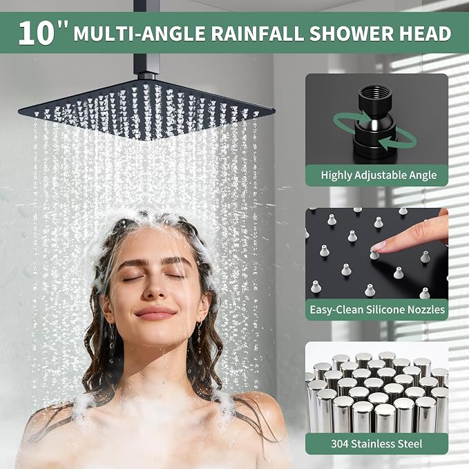 SunCleanse 3-Way Matte Black Shower System w/Handheld for Couple | 10" rain head, 6" wall spray, handheld wand, push-button diverter, anti-scald valve, easy-clean nozzles