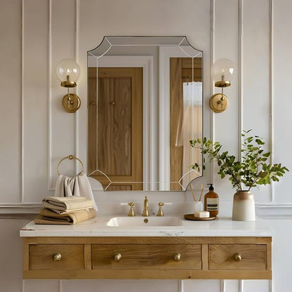 30x40 Scalloped Bathroom Mirror, Gold Rectangle Wall Mirror with Scallop Corner, Non-Rusting Vanity Mirror with Curved Cutouts, Well Made Antique Mirror Hangs Horizontal & Vertical