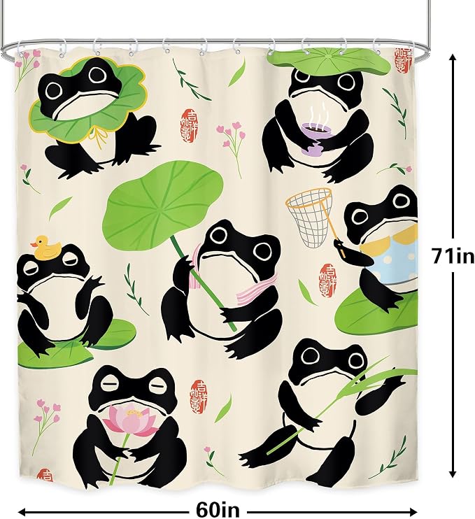 Funny Frog Kids Cartoon Animal Asian Japanese Bathroom Shower Curtain Set | 60Wx71H Traditional Lotus waterproof HD print, quick-dry fabric, and 12 hooks for easy setup