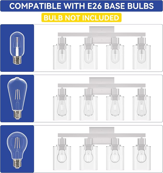 Hasipu 4-Light Bathroom Light Fixtures, Vanity Light with Clear Glass Shade, Bathroom Lighting Fixtures Over Mirror for Kitchen Living Room Hallway Cabinet Porch