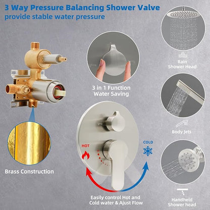16inch Ceiling Mount Shower System High Pressure Shower Head System With Body Spray And Handheld Shower Combo Set For Bathroom (Brushed Nickel)