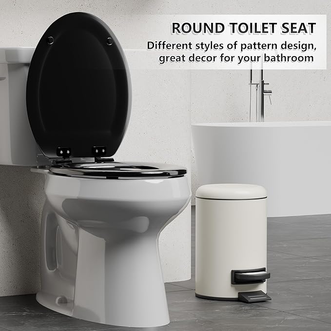 Angol Shiold Quiet-Close Molded Wood Toilet Seat with Non-Slip Adjustable Hinges, Anti-Pinch Bumpers, Easy Install & Clean（Black, Elongated 18.5''）