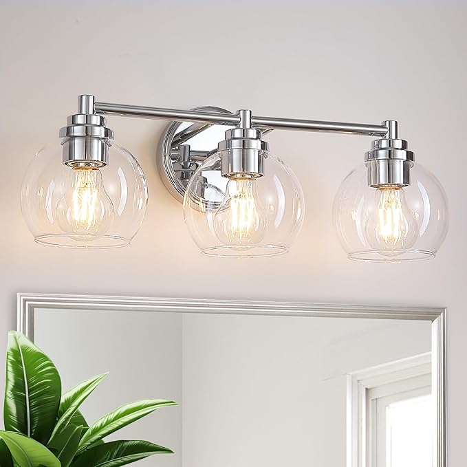 Upgrade 3-Light Bathroom Light Fixtures, Modern Vanity Light with Globe Glass Shade, Silver Chrome Bathroom Lights Over Mirror, Vanity Lights for Bathroom Bedroom Kitchen Hallway Living Room