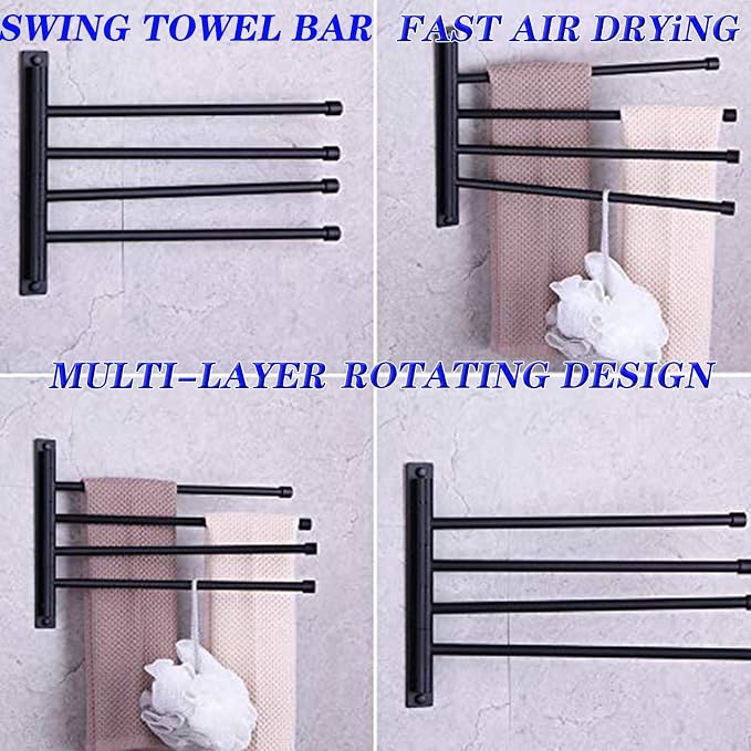 GERZWY Swivel Towel Bar SUS 304 Stainless Steel 4-Arm Bathroom Swing Hanger Towel Rack Holder Storage Organizer Space Saving Wall Mount Matte Black HYG04-BK