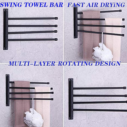 GERZWY Swivel Towel Bar SUS 304 Stainless Steel 4-Arm Bathroom Swing Hanger Towel Rack Holder Storage Organizer Space Saving Wall Mount Matte Black HYG04-BK