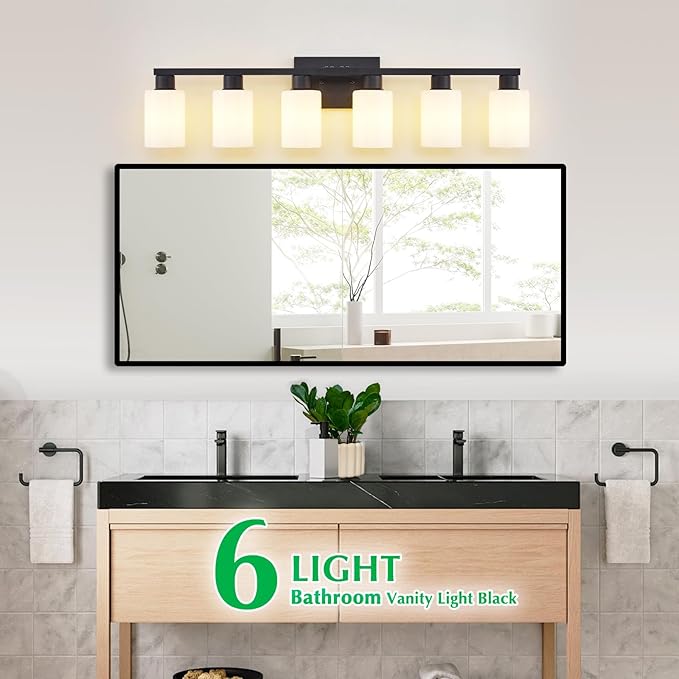 6-Light Bathroom Vanity Light Black, Matte Black Bathroom Light Fixture, Vanity Lights with Milky White Frosted Glass Shades, Wall Sconces Over Mirror for Makeup Living Room(Bulbs Not Included)