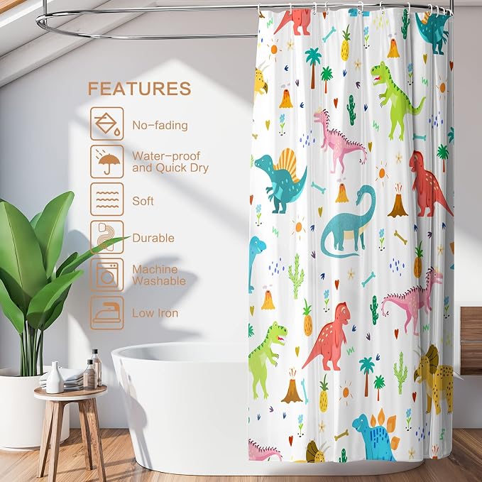 Shower Curtain Kids, Cartoon Dinosaur Shower Curtain Colorful Animals Plants for Boys Girls Polyester Fabric Waterproof Shower Curtain Sets Machine Washable Decor Bath Curtain
