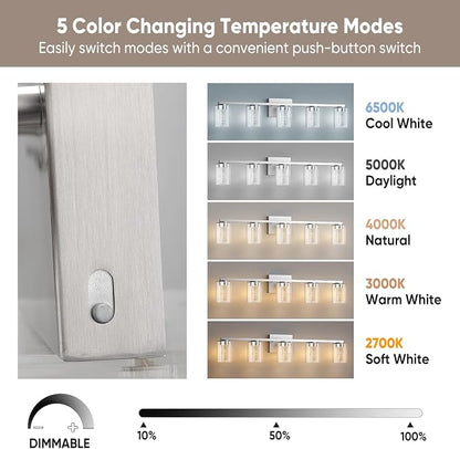LED Modern Bathroom Light Fixtures Over Mirror, 5-Light Brushed Nickel Vanity Lights with 5 Color Modes, Dimmable Bathroom Vanity Light with Crystal Bubble Glass, 2700K-6500K Adjustable, ETL