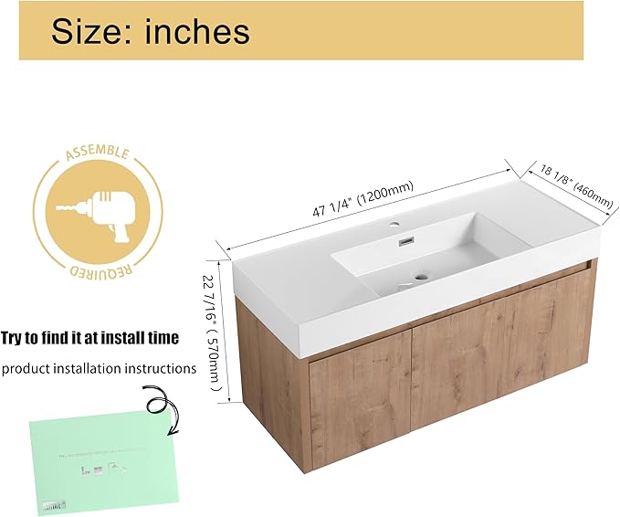 Malwee 48 Inch Floating Bathroom Vanity with Sink, 48'' Single Sink Wall Mounted Bathroom Vanity, with 2 Doors and White Resin Basin Top, Wall Hung Storage Cabinet Set (035-48)