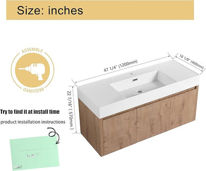 Malwee 48 Inch Floating Bathroom Vanity with Sink, 48'' Single Sink Wall Mounted Bathroom Vanity, with 2 Doors and White Resin Basin Top, Wall Hung Storage Cabinet Set (035-48)