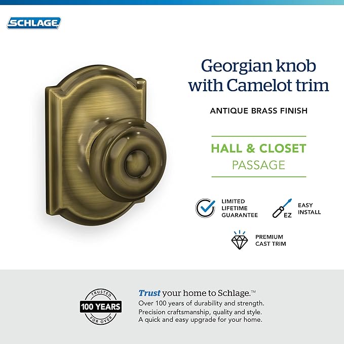 SCHLAGE F10 GEO 609 CAM Camelot Collection Georgian Passage Knob, Antique Brass