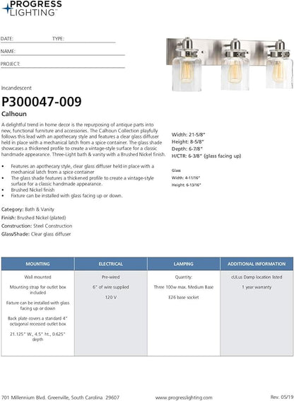 Progress Lighting P300047-009 Calhoun Collection Clear Glass Farmhouse Bath Vanity Light, 3-Light, Brushed Nickel