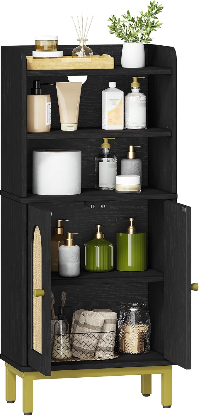 Hzuaneri Bathroom Storage Cabinet, Small Floor Cabinet with 2 Door | Toilet Paper Cabinets, Bathroom Organizer with Adjustable Shelf, for Small Spaces,Rattan Black,Arch Door,7.1" Dx14.6 Wx32.7 H