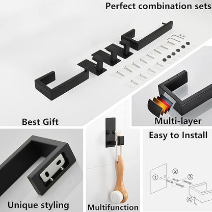 TocTen 4 Pcs Bathroom Hardware Set, Thicken Stainless Steel Hand Towel Bar Set-Includes 9 in Bath Towel Holder+Toilet Paper Holder+2 Robe Towel Hooks, Wall Mounted Bathroom Accessories Kit(Black)