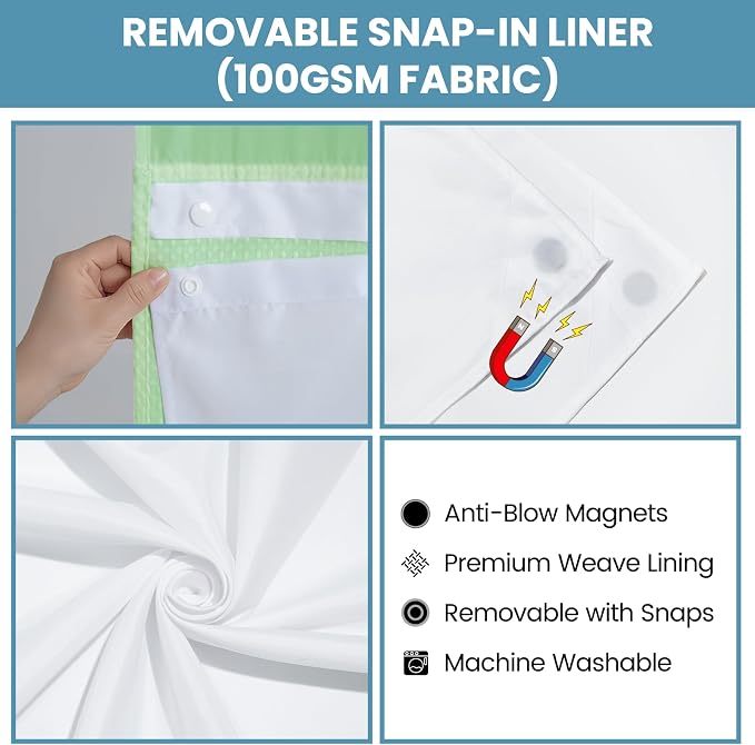 SORTTO No Hook Shower Curtain with Snap in Liner Set Waffle Shower Curtain for Bathroom Hotel Style Fabric Waterproof Inner Liner，71" W x 74" H, Green